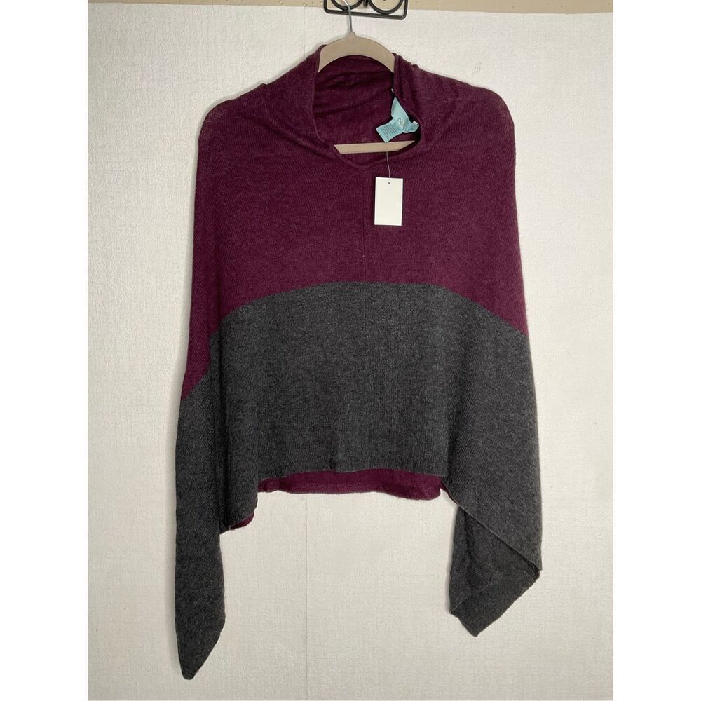 CELESTE WOOL/CASHMERE BURGUNDY/GREY‎ WRAP SWEATER PONCHO ONE SIZE